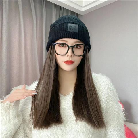 Wool Hat Wig Autumn And Winter Cold Brown Straight Hair - Shop at LoveMi