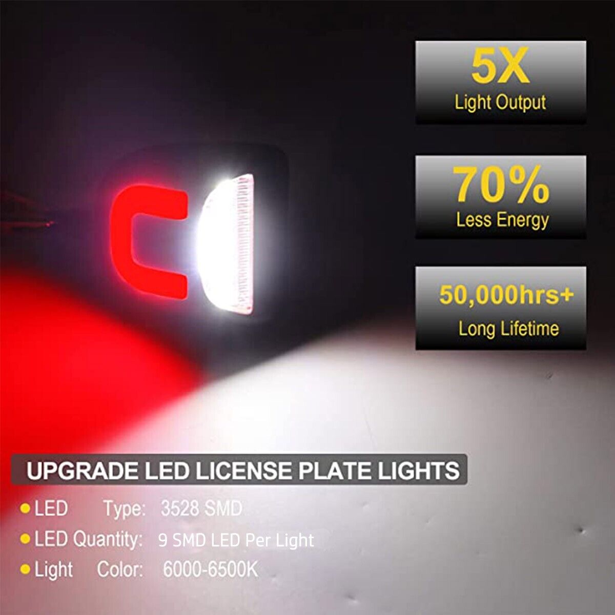 6000K white LED license plate lamp installed on 2005 GMC Sierra 2500HD rear bumper