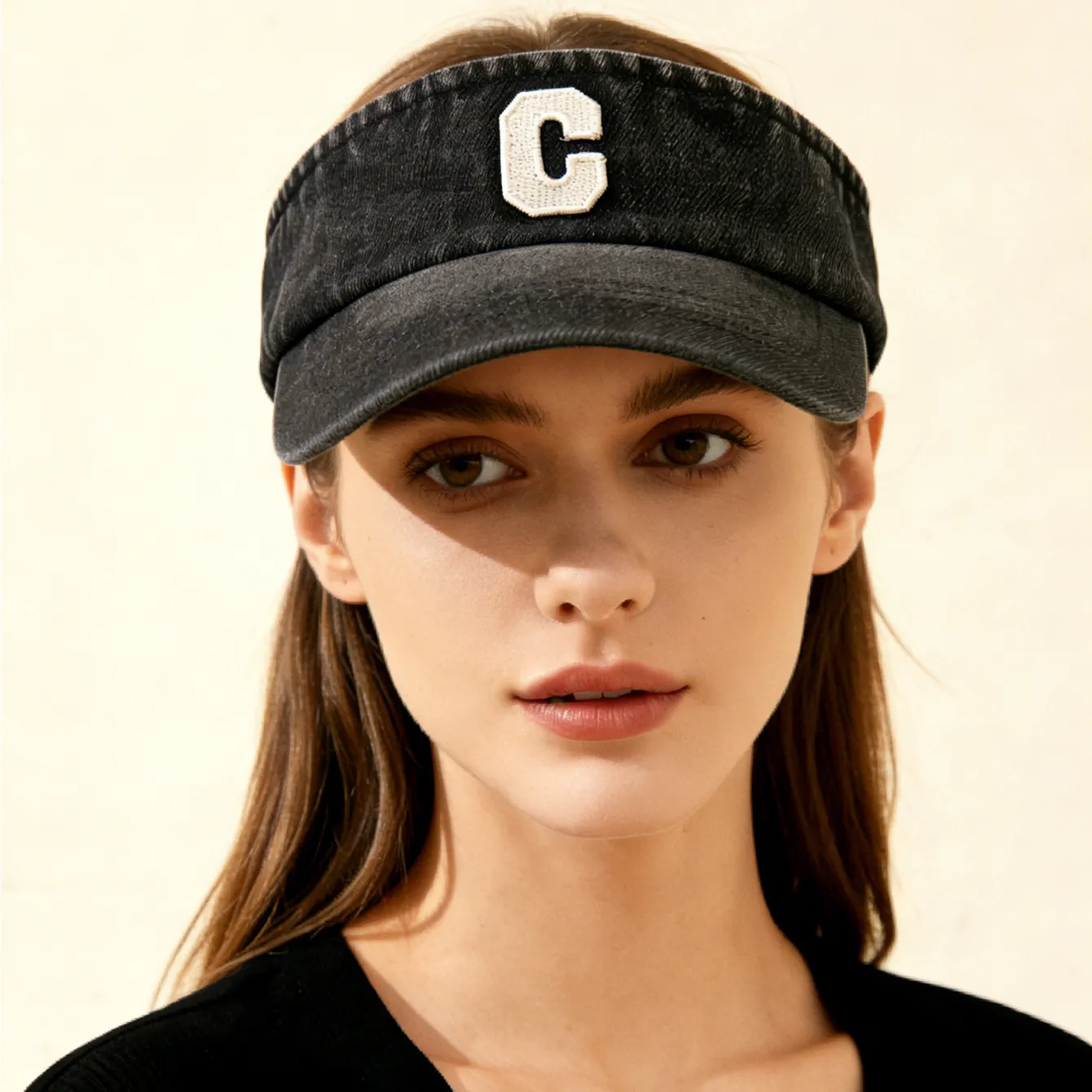 Simple Washed Embroidery Three-dimensional Letter C Round-top