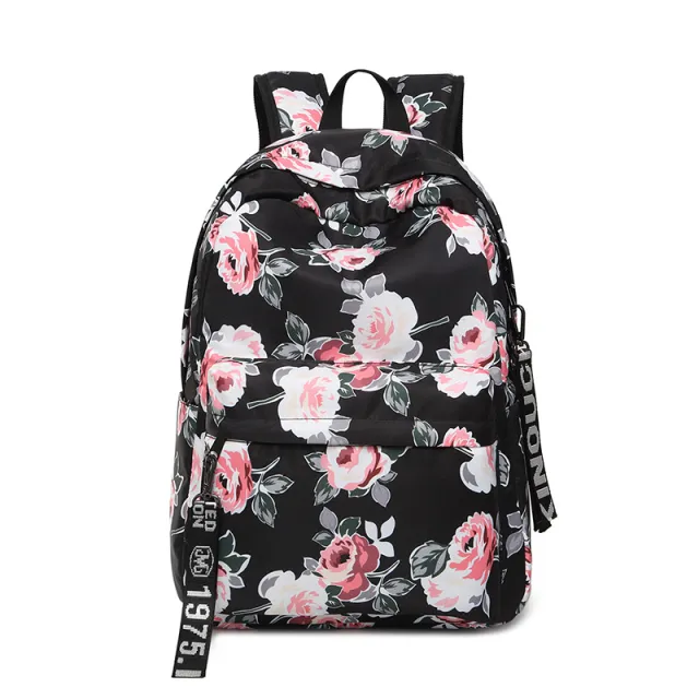 Backpack Printed Flowers Nylon Waterproof Ethnic Travel Black - Shop at LoveMi