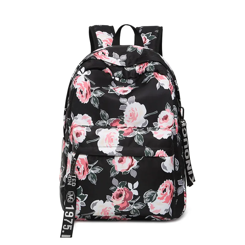 Backpack Printed Flowers Nylon Waterproof Ethnic Travel - Black