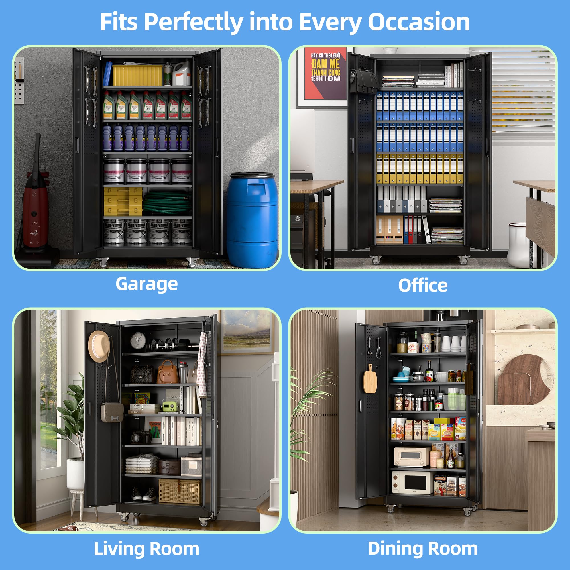 Aobabo Black Metal Garage Storage Cabinet With Wheels, 34inchW X 18inchD X 71inchH 5 Adjustable Shelves Hold Up To 170 Lb Each 4 Lockable Casters And Lockable Doors Organize Tools And Supplies. image 5