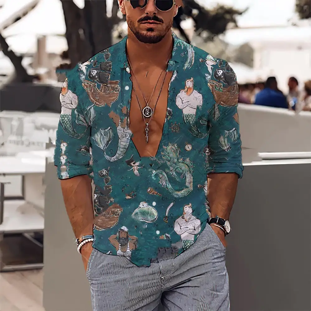 Fashion 3D Shanhaijing Printed Hawaiian Men's Long Sleeve Shirt