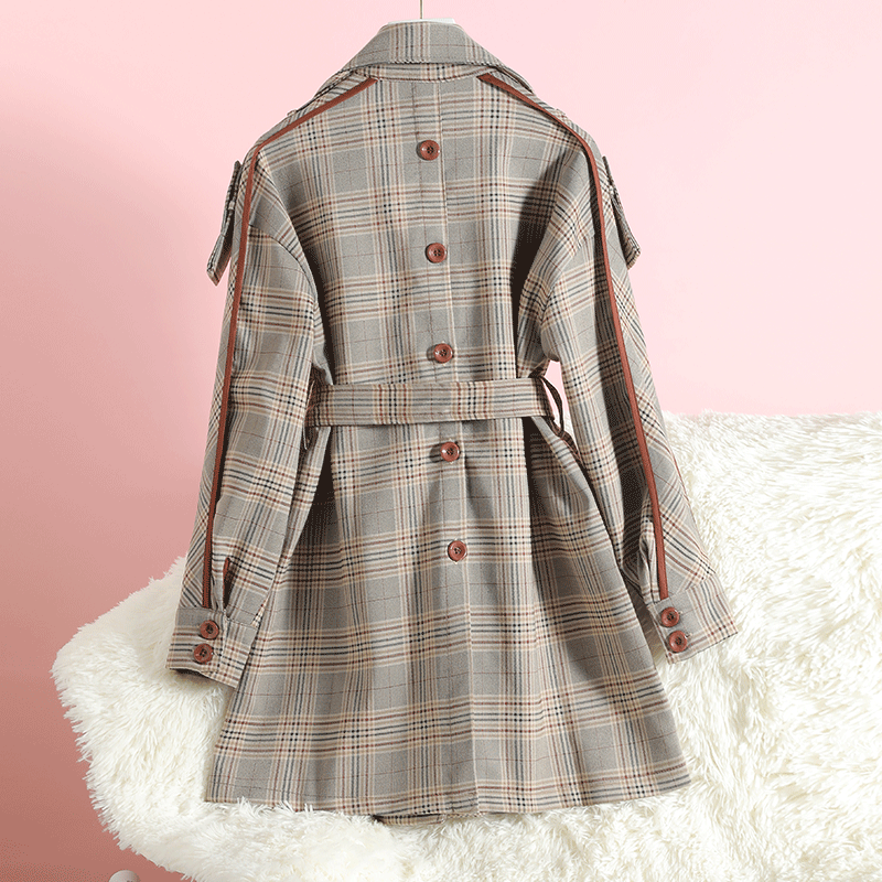 Mid length Plaid Patch Acrylic Korean Windbreaker Khaki - Shop at LoveMi