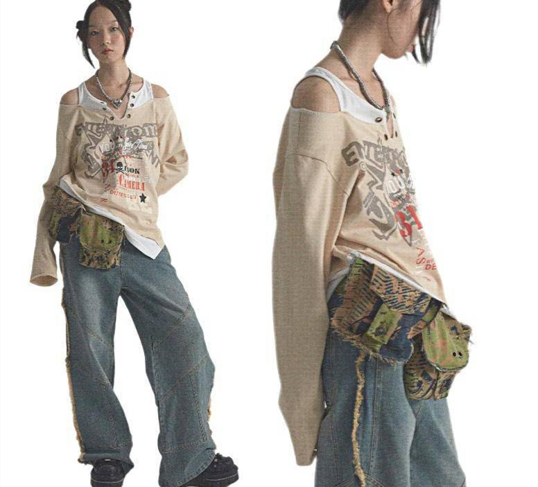 Vintage Print Long Sleeve Off Shoulder T-Shirt Sweatshirt