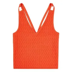 Red Wavy Striped Knitted Camisole With Holes - Red - View 1