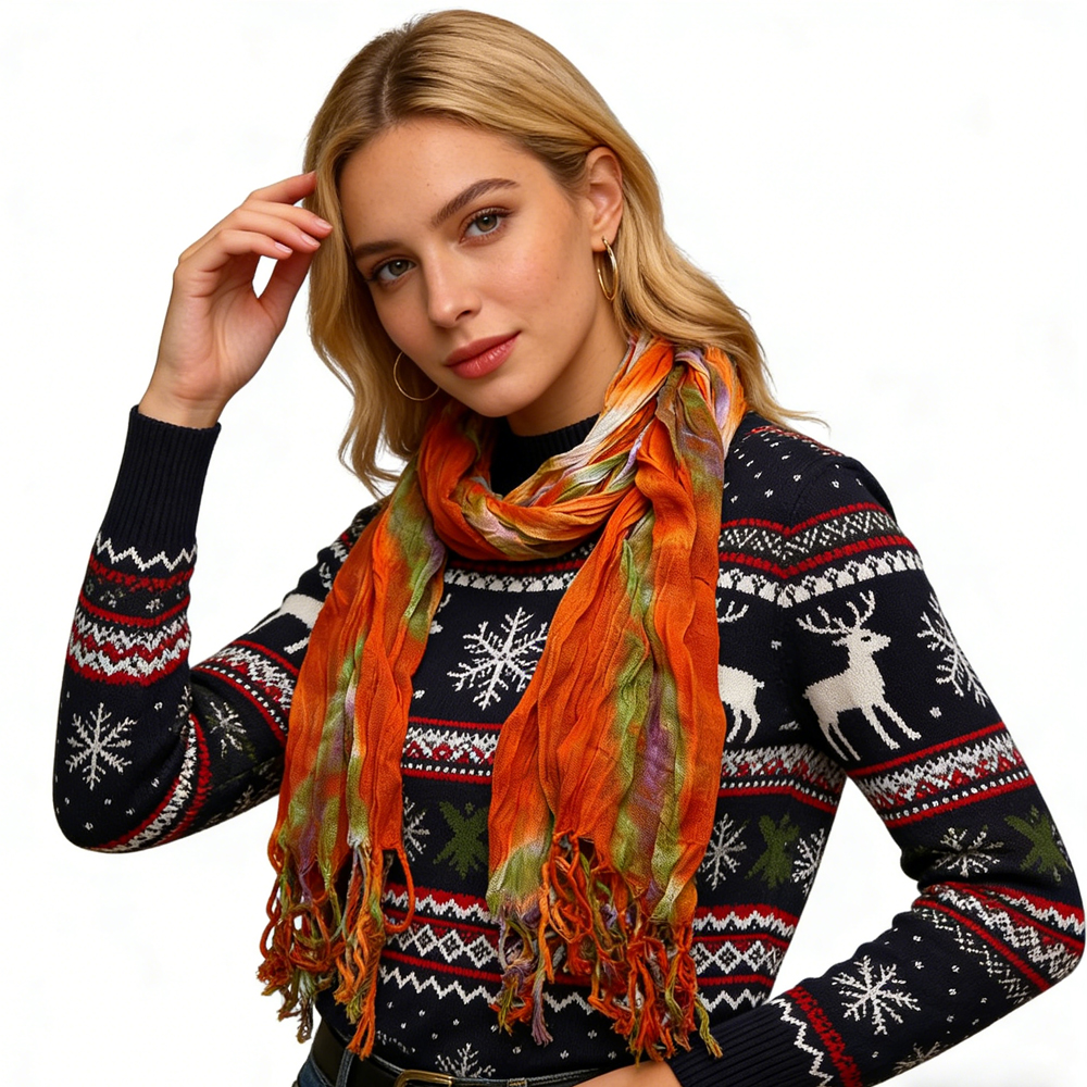 Orange Red Printed Viscose Scarf - Lightweight Dress Scarf 69inchx20inch