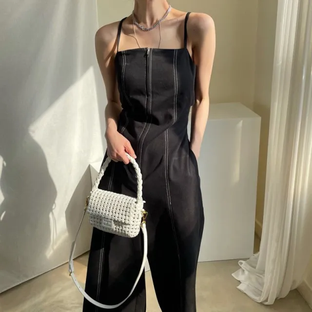 Retro Zipper Design Wide Leg Pants Double Pocket High Waist Straight Sling Jumpsuit Women Black - Shop at LoveMi