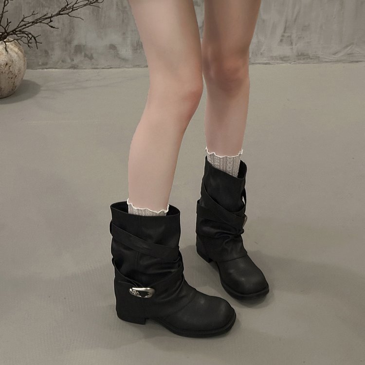 Women's Vintage Distressed Grunge Short Martin Boots, 2026 New Autumn Western Belt Buckle Slouch Short Boots