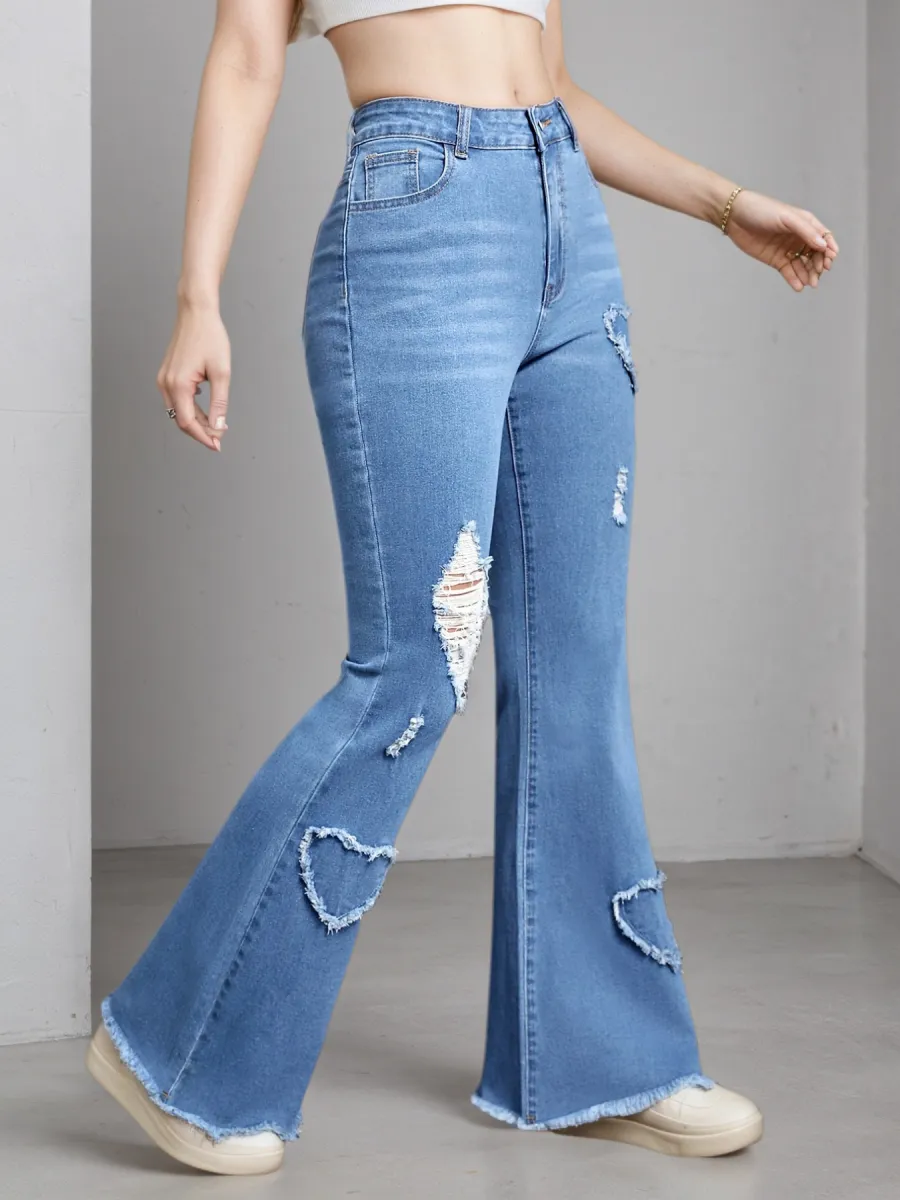 2025 Women'S High-Stretch Flare Jeans With Heart Embroidery