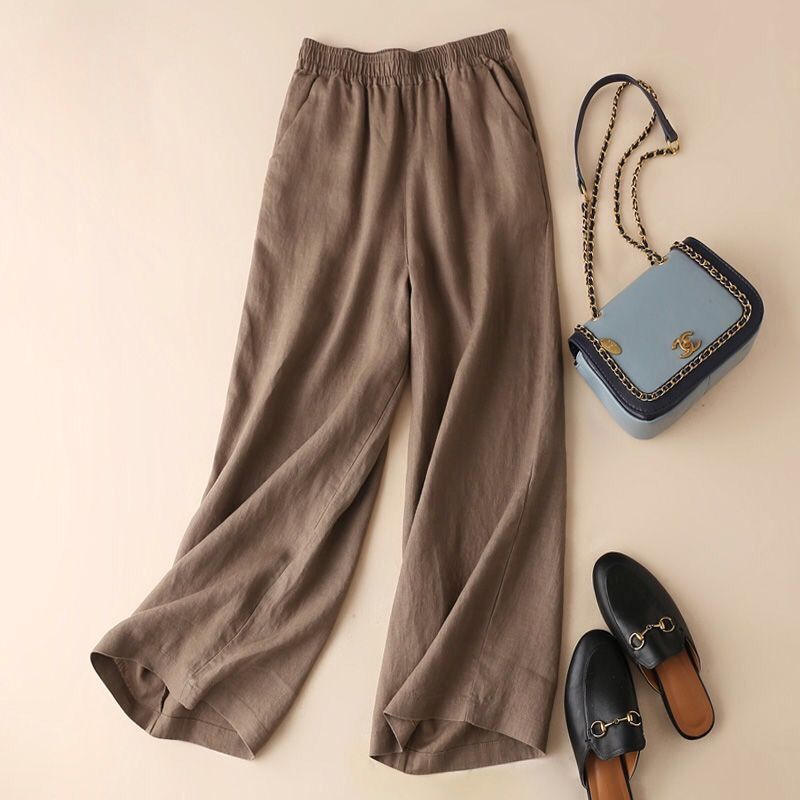 Title 2, Asian Cotton Wide Leg Pants Solid Color Women