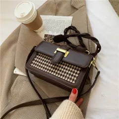 Women's Houndstooth Small Square Fashion Design Bag - Coffee - View 1