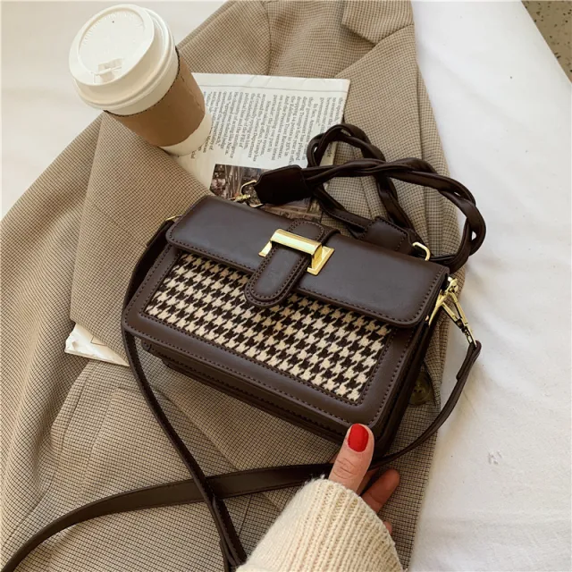Women's Houndstooth Small Square Fashion Design Bag Coffee - Shop at LoveMi