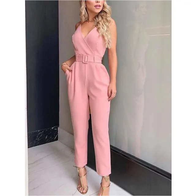 Solid Color Vneck Urban Casual Sexy Jumpsuit Pink - Shop at LoveMi