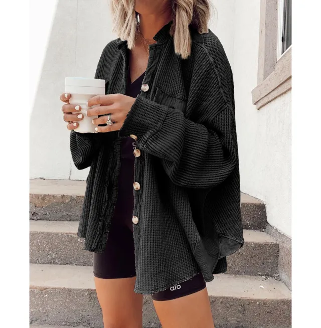 Button Shirt Jacket Women Lapel Long Sleeve Blouse Fashion Jacket Tops Black - Shop at LoveMi