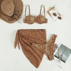 Three-piece Floral Bikini Beach Dress - Leopard - View 1