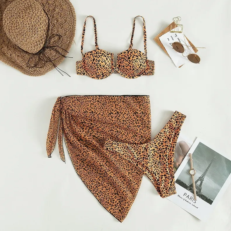 Three-piece Floral Bikini Beach Dress - Leopard