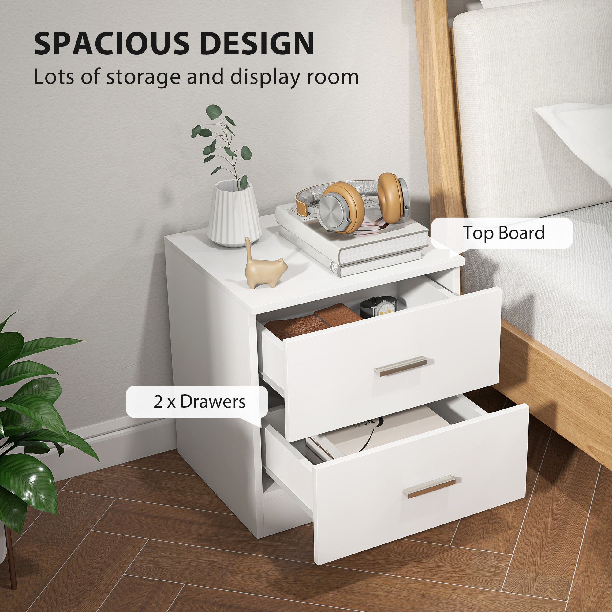 Bedside Table, Small With 2 Drawers And Storage Rack, Modern Bedroom White — image 3