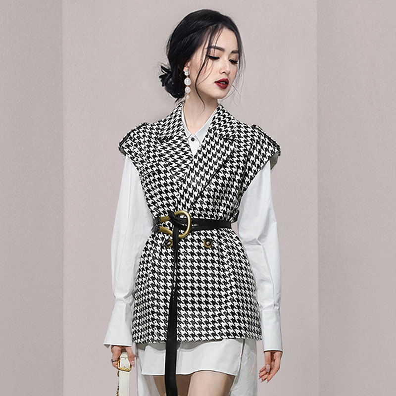 Fashion Casual Design White Shirt Skirt Houndstooth Vest Two-piece Suit