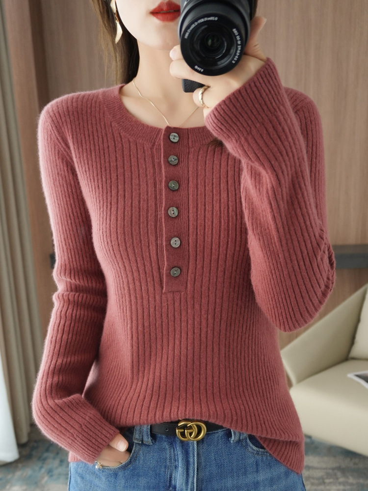 New Cashmere Sweater Women's Round Neck Long Sleeve Oversize Bean Sand Red - Shop at LoveMi