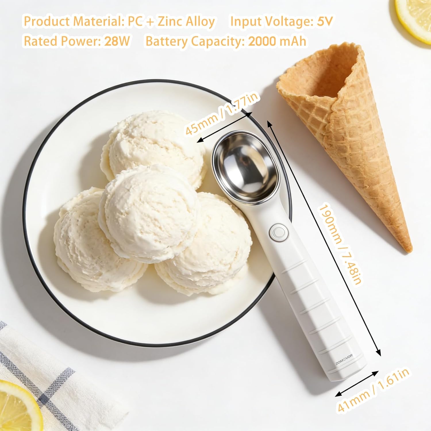 Heated Ice Cream Scoop Rechargeable Ice Cream Scooper With ON OFF Safety Switch, Ergonomic Nonstick Grip Handle For Gelato, Sorbet, Cookie Dough, Melon, Yogurt