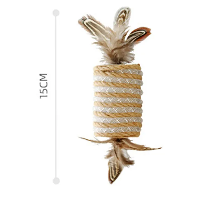 Toy With Cat Feathers Hemp Rope For Scratching Self grinding Claw Sound Roller For Pets Bite Resistant Toy Beige - Shop at LoveMi