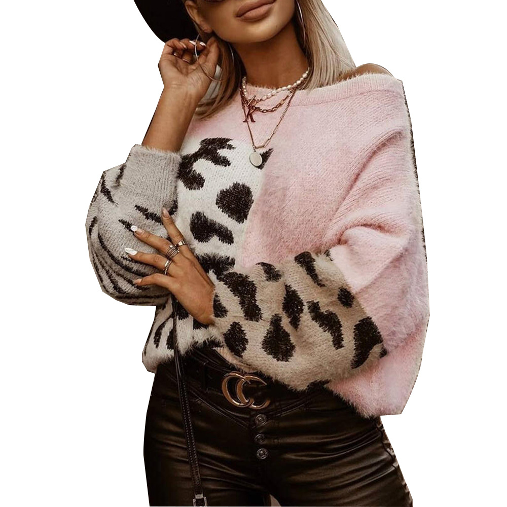 Leopard Print Long-sleeved Woolen Knitted Top Women