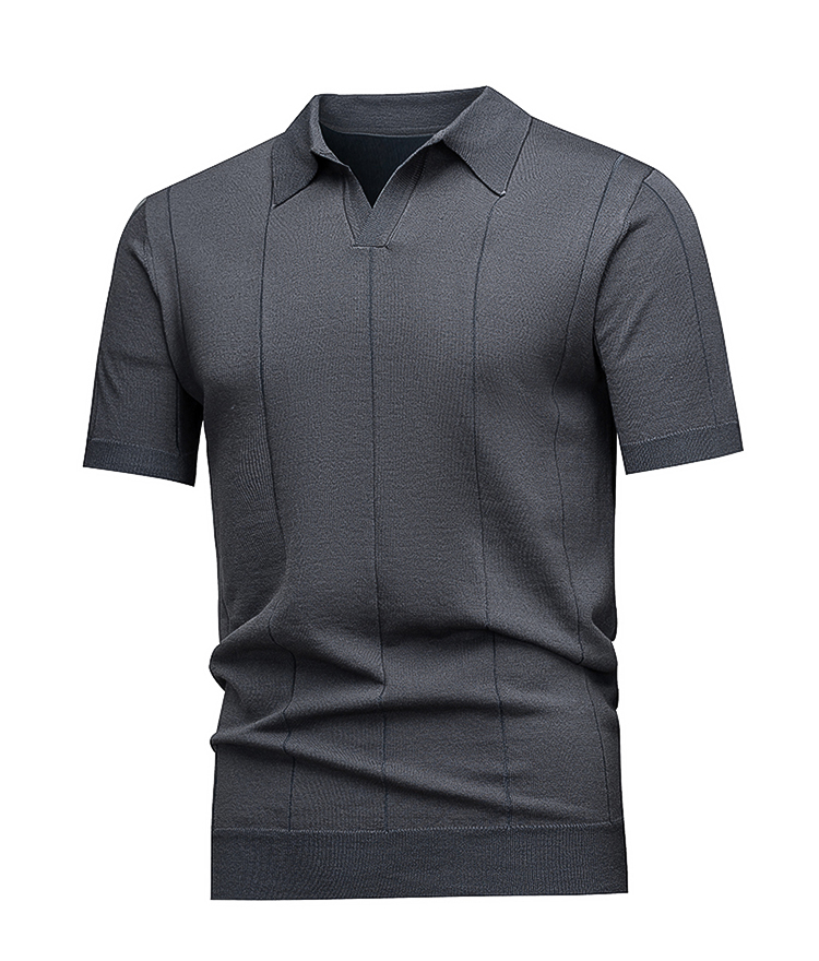 Men's Johnny Collar Knit Polo, Dark Grey Vertical Jacquard Stripes, Casual Office Wear