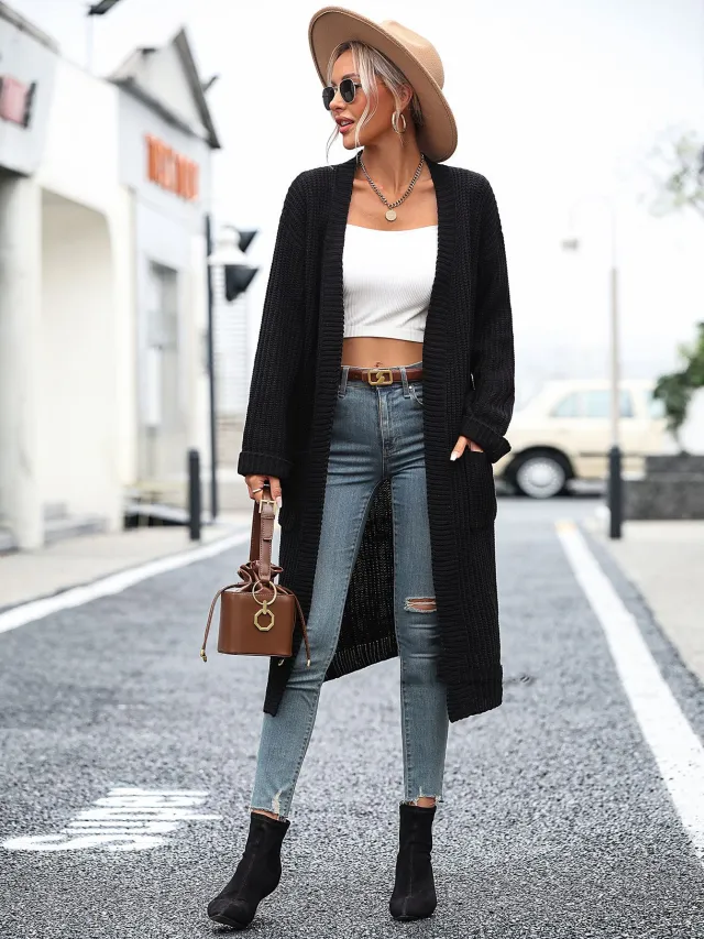 New Women's Solid Color Knitwear Women's Coat Sweater Black - Shop at LoveMi