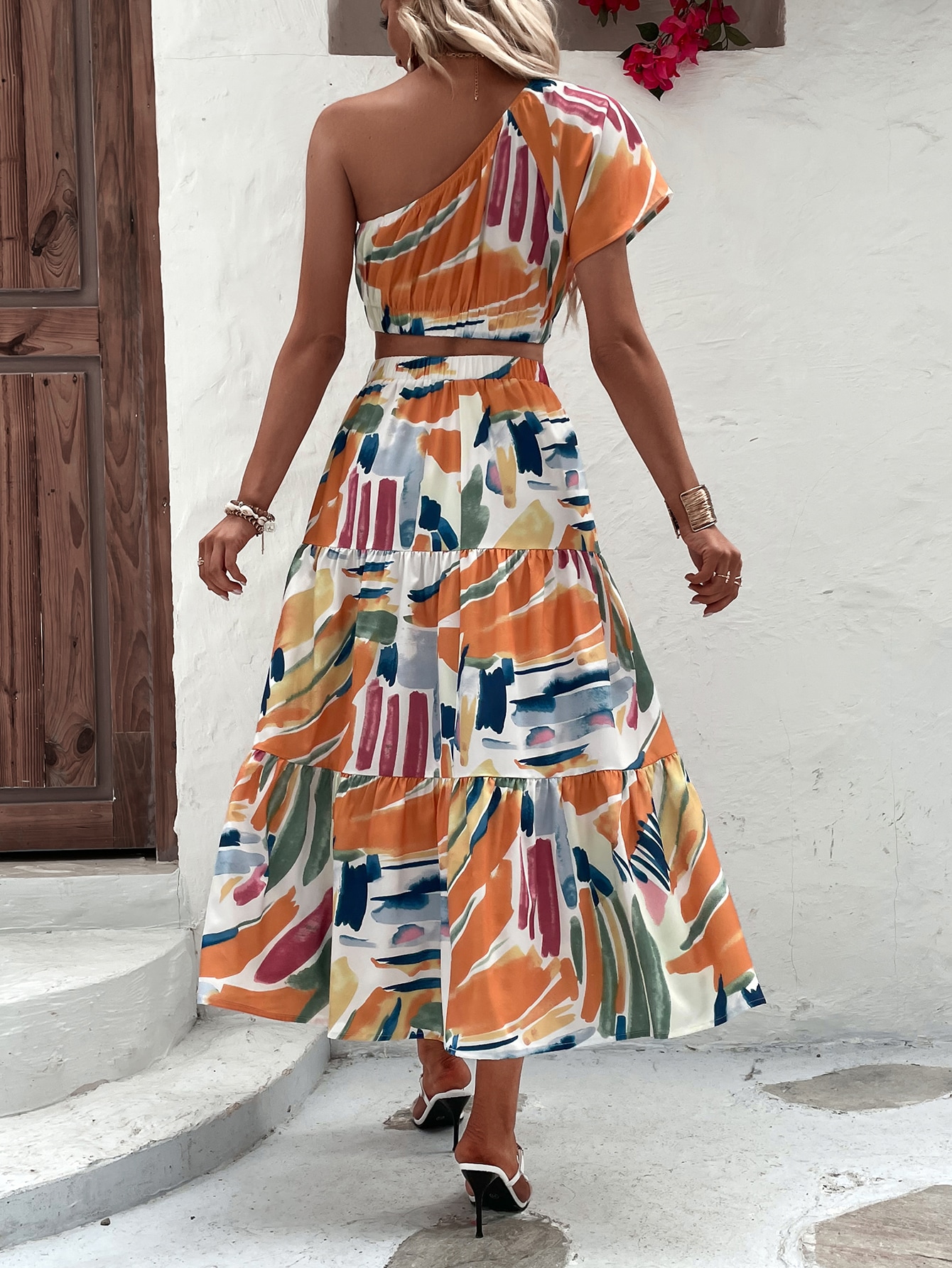 Print Crop One Shoulder Blouse & Ruffle Hem Skirt