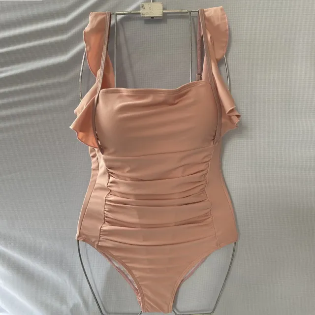 Ladies One Piece Triangle Solid Color Sweet Ruffle Swimsuit Pink - Shop at LoveMi
