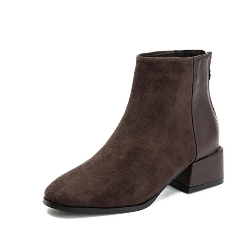 Retro Square Heel Pointed Toe Ankle Boots Fashion Versatile Chelsea Boot Women's Shoes - Brown
