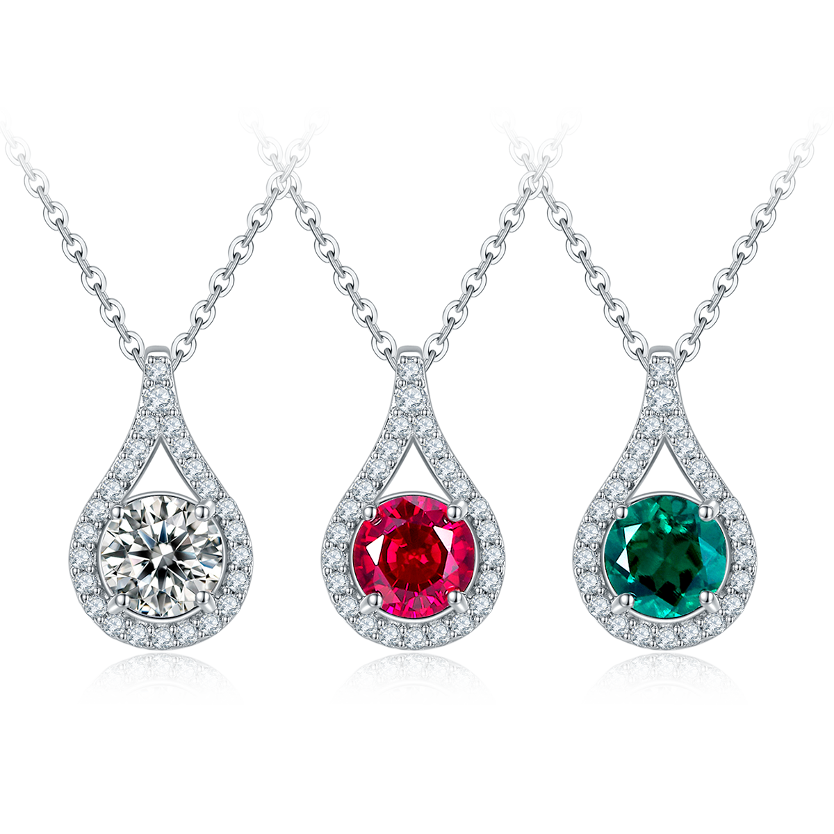 S925 Sterling Silver Teardrop Halo Necklace, 1ct Moissanite & Lab-Grown Ruby&Emerald, Platinum Plated Pendant With GRA Certificate Gift Box