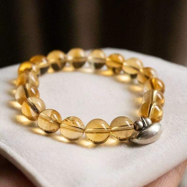 Natural Golden Rutilated Quartz  Citrine Bracelet Silver Bead Round Chain Wealth Energy Jewelry For Women