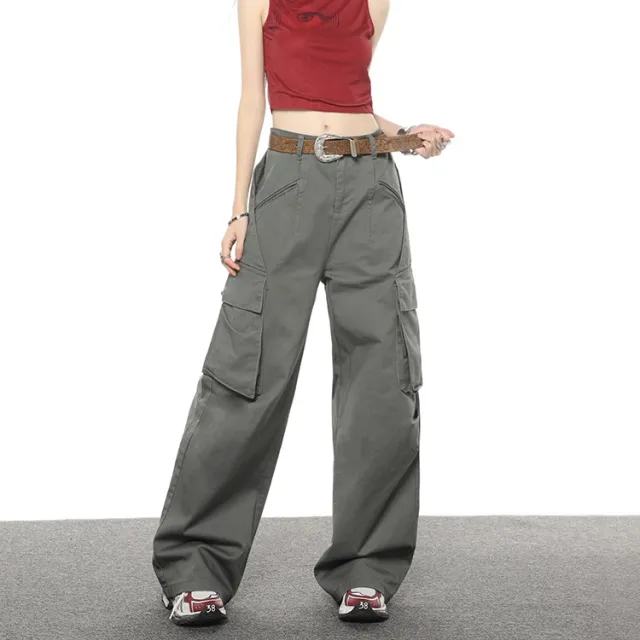 Multi Pocket Loose Casual Straight Wide Leg Pants Army Green - Shop at LoveMi