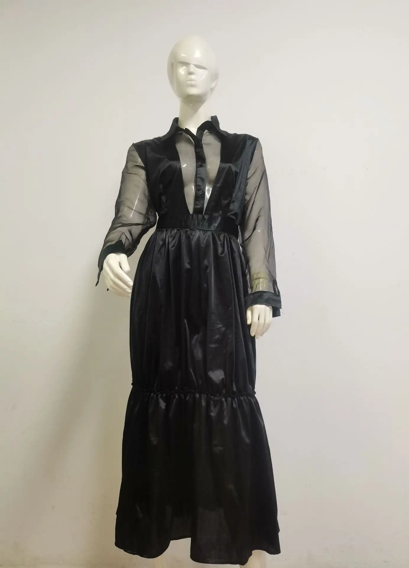 New Style Solid Color Suit Collar Mesh Long Sleeve Temperament Mid Waist Swing Long Dress