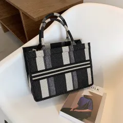New Fashion Plaid Large Capacity Canvas Tote Bag - Black - View 1