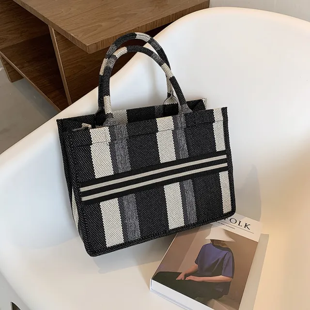 New Fashion Plaid Large Capacity Canvas Tote Bag Black - Shop at LoveMi
