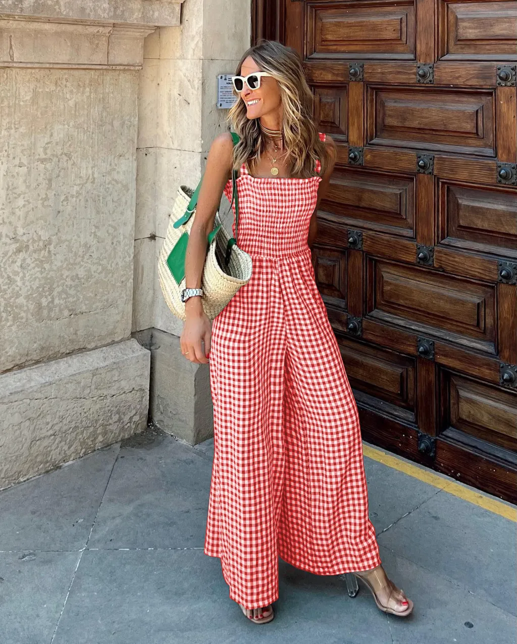 Elegant Women's Trousers Mid Waist Plaid Jumpsuit - Red