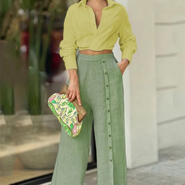 Fashion Casual Solid Color Lapel Shirt Loose Pants Two piece Set Green - Shop at LoveMi