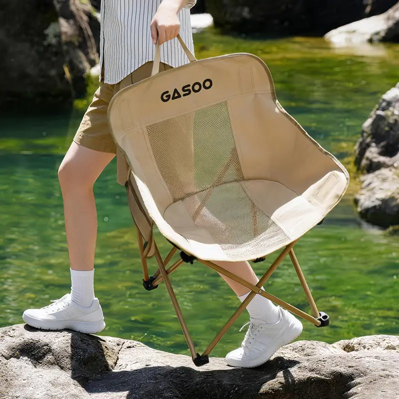 Low Back Mesh Moon Folding Camping Chair, Breathable Ventilated Net Backrest Portable Folding Lawn Chair With Side Pocket & Carry Bag, Heavy Duty Anti-Tip Frame