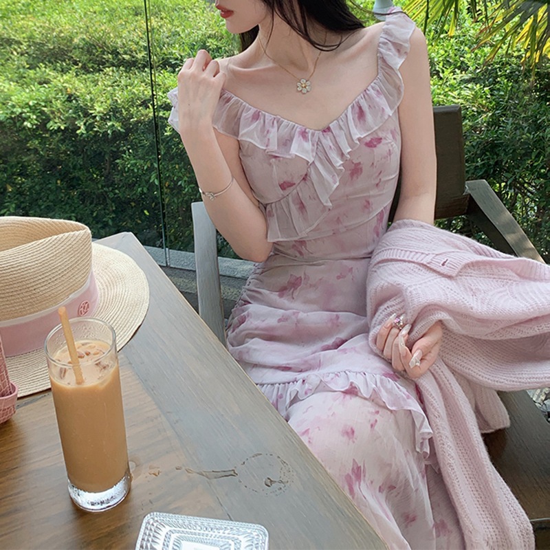 Chiffon Printed Dress Summer Mid Length Purple Flower Elevated Edition - Shop at LoveMi