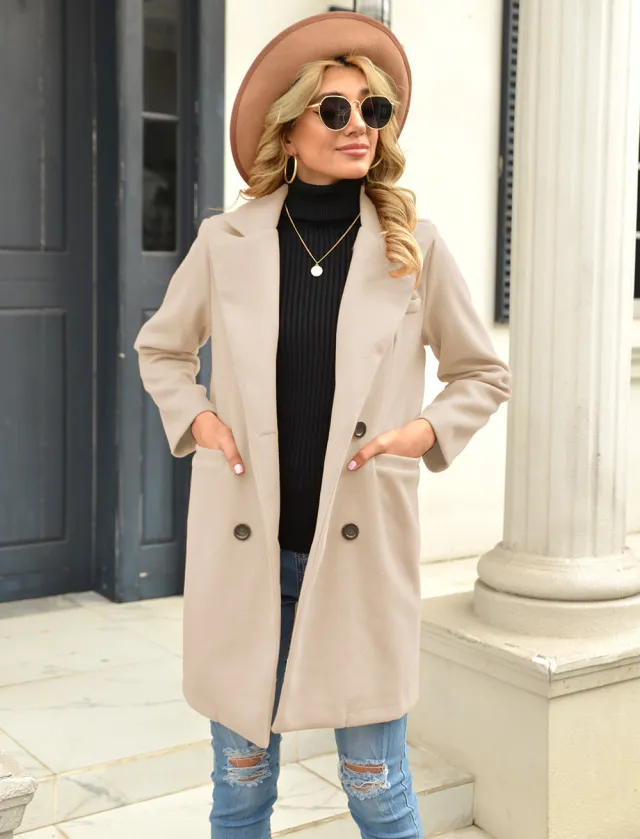 Women's Long Lapel Solid Color Woolen Coat Apricot - Shop at LoveMi