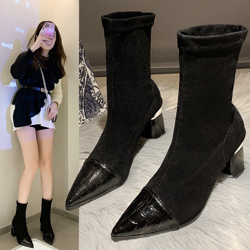 New Fashion Pointed Toe High Thick Heel Short Tube Elastic Boots
