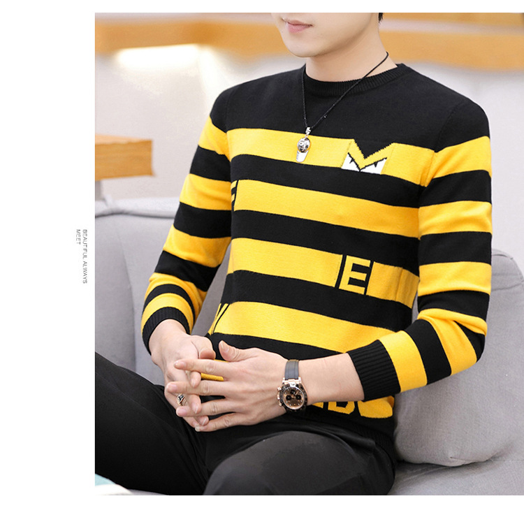 Men's Round Neck Striped Sweater Trend Slim Simple Knitted Sweater