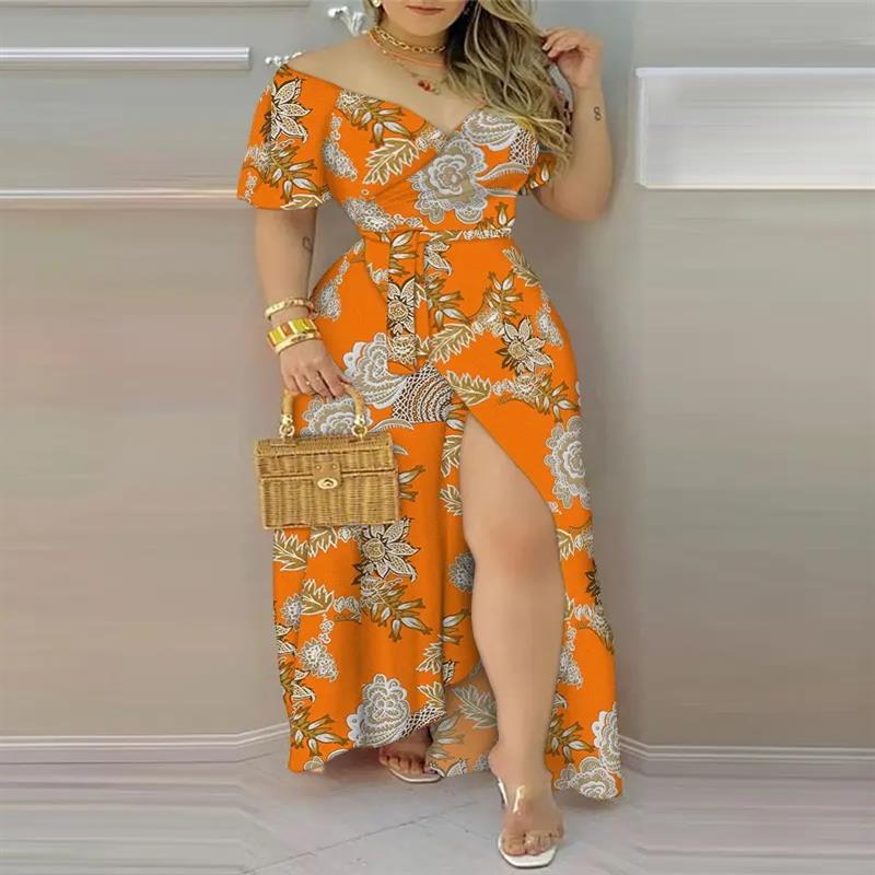 Floral Print Split Thigh Belted Wrap Maxi Dress Orange - Shop at LoveMi
