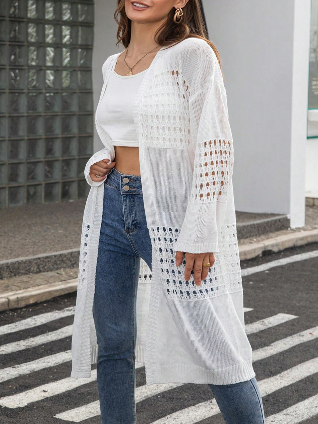 Open Front Mesh Knit Long Cover Up Hollow Patch Bell Sleeve Loose Cardigan