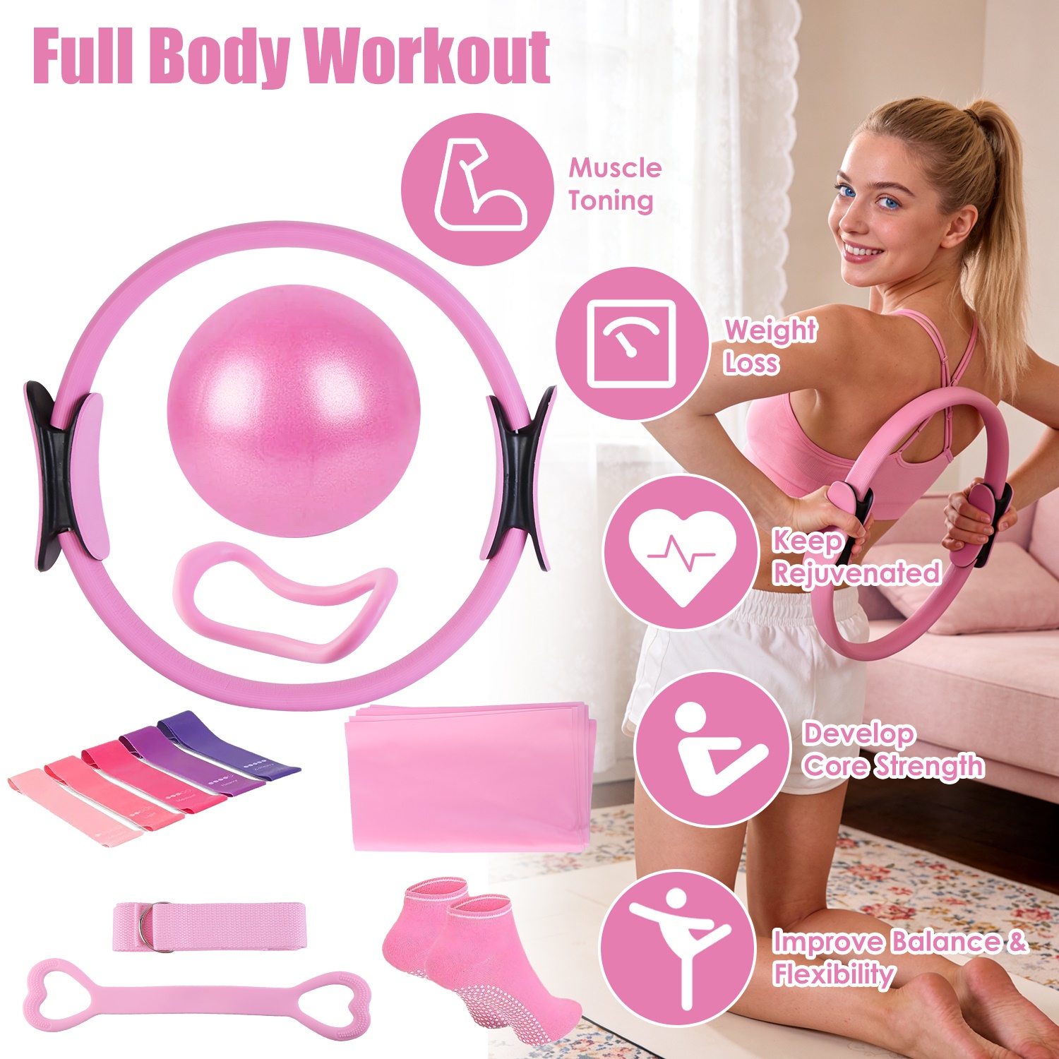 14Pcs Per Set Pilates Ring Kit For Women With Yoga Ball Arm Stretcher 5 Resistant Bands 8 Resistant Band Elastic Band Non-slip Socks Yoga Strap
