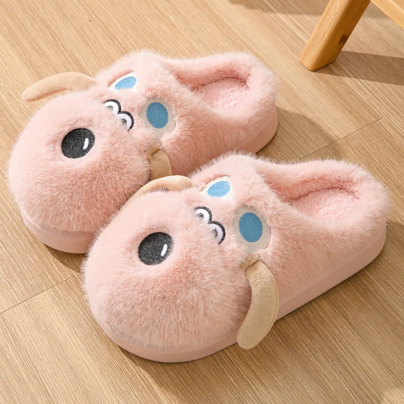Cute Cartoon Dog Plush Slippers Winter Couple Indoor Warm Floor Home Slipper Non-slip Thick Bottom House Shoes - Pink