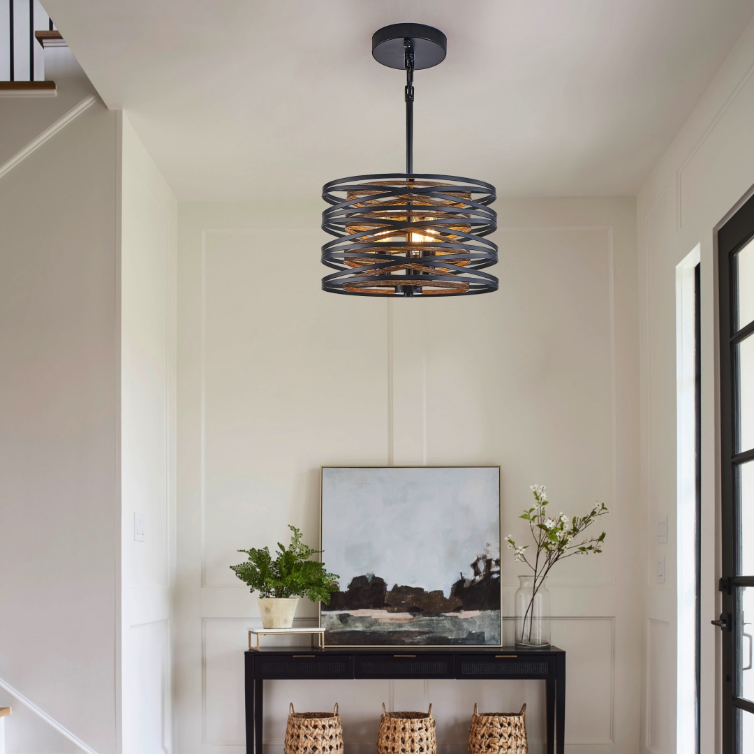 13 Rustic Industrial Pendant Light, 3-Light Black And Walnut Metal Cage Chandelier With Wood Accents For Kitchen Island And Dining Room No Bulbs